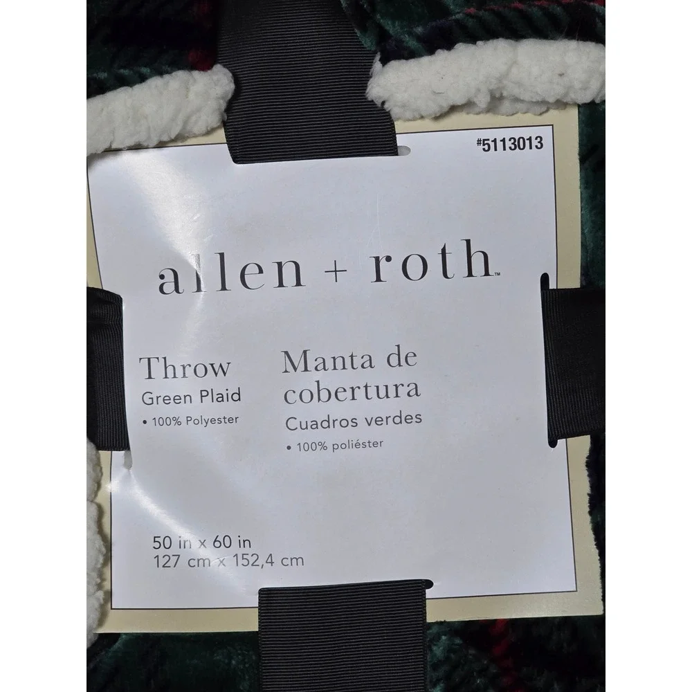 Allen Roth Green Plaid Throw Blanket 50 x 60 Sherpa Trim Cozy Warm (AA)‎